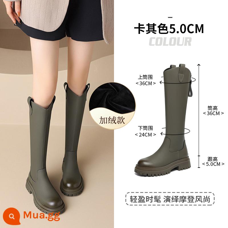 Zhuoshini Plus Nhung Giày Bốt Nữ 2023 Mới Thu Đông Giày Bốt Nữ Mỏng Đế Dày Giày Cao Cổ - Khaki cộng với lông cừu