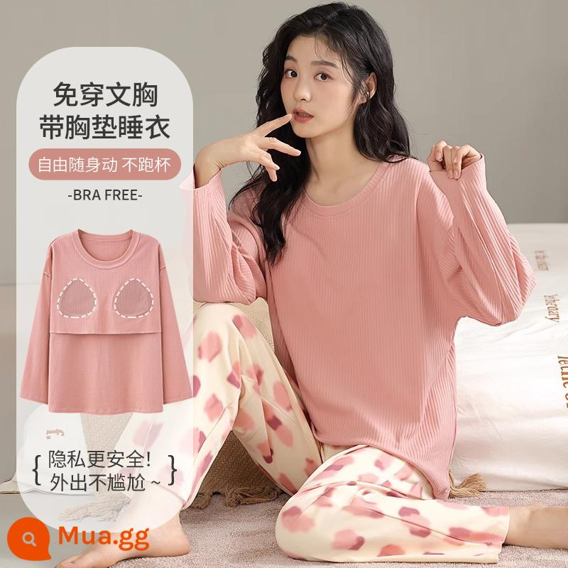 Bộ đồ ngủ nữ xuân thu có đệm ngực 2023 Bộ đồ mặc nhà dài tay cotton nguyên chất Nhật Bản mới dành cho nữ có thể mặc bên ngoài - Bột Erfu - kèm miếng lót ngực