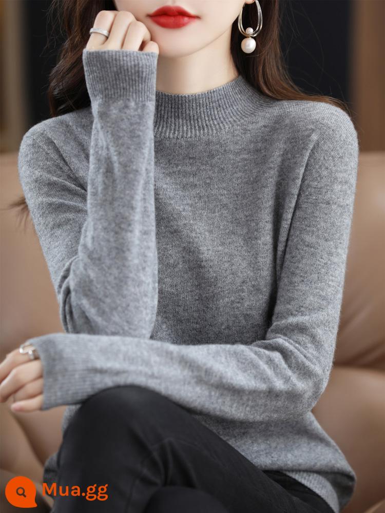 Ordos Liền Mạch Áo Len Cashmere Nữ 100 Cashmere Nguyên Chất Thu Đông Nửa Rùa Cổ Len Dệt Kim Đáy Áo Len - xám