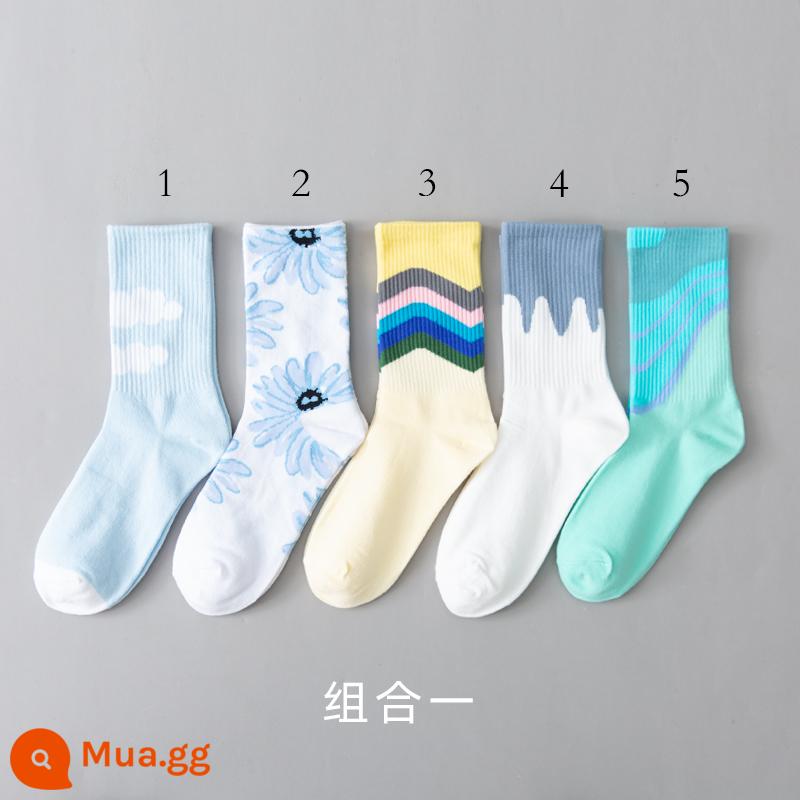 Tất dành cho nam và nữ theo xu hướng vớ cotton nguyên chất giữa ống thể thao mùa xuân và mùa hè vớ đôi nhiều màu sắc hợp thời trang dành cho nữ thương hiệu trượt ván đường phố - kết hợp 1