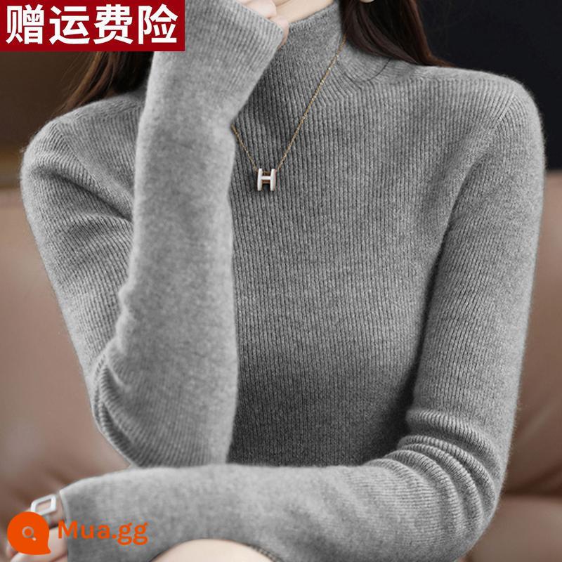 Ordos 100 nguyên chất áo len cashmere nữ mùa thu đông nửa cao cổ bên trong áo len mỏng len đáy áo len - màu xám trung bình