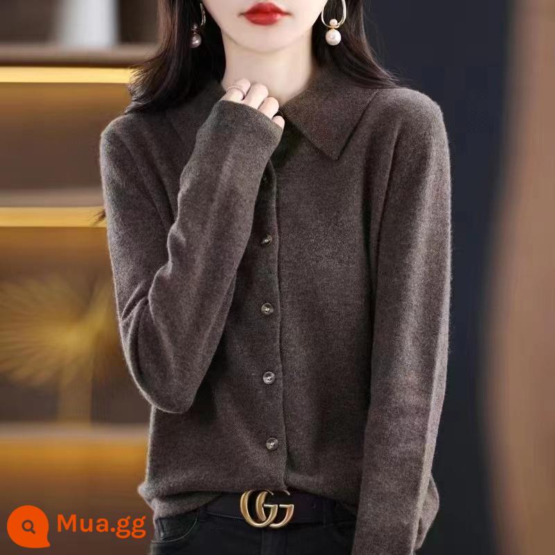 Phong Cách Mùa Xuân 100 Áo Len Cashmere Nữ Cardigan Cổ Áo Sơ Mi Tinh Tế Cổ POLO Áo Len Dài Tay Len Đáy Áo Len - Mocha nâu