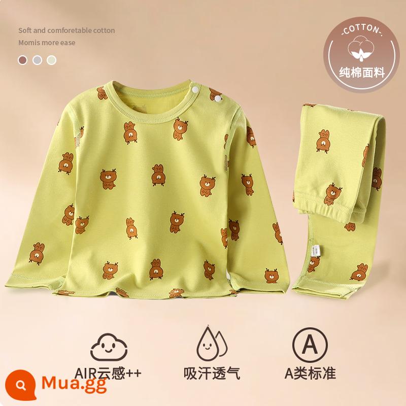 Bộ đồ ngủ trẻ em bé trai mùa hè cotton mỏng quần áo điều hòa bé trai và bé gái bộ quần áo mặc ở nhà xuân thu bé gái - gấu xanh nhạt