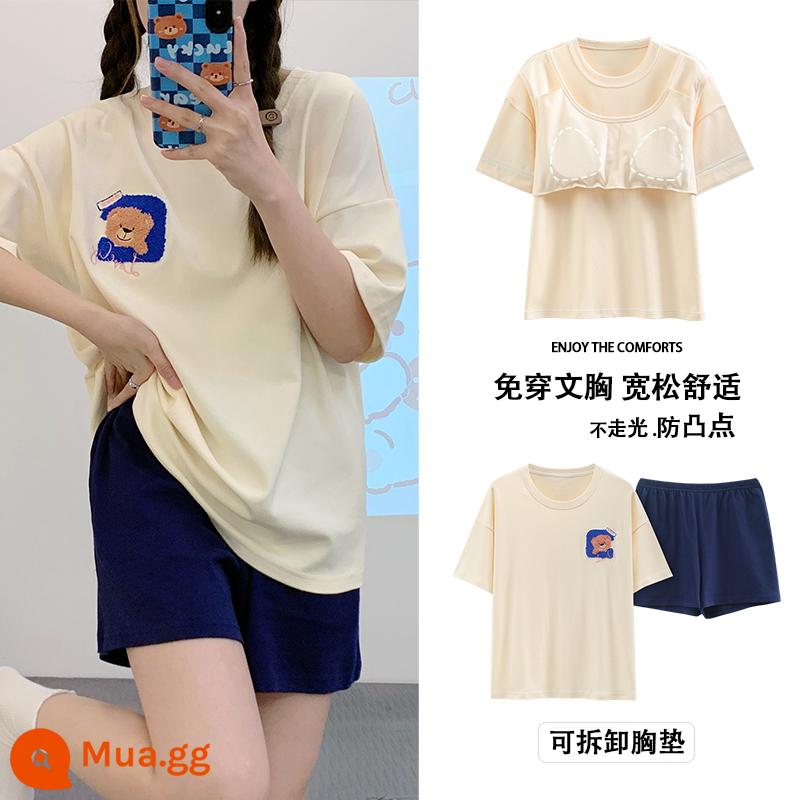 Bộ đồ ngủ có đệm ngực nữ ngắn tay cotton hè mẫu xuân thu 2023 bộ đồ mặc nhà mới mặc ngoài được - bình minh