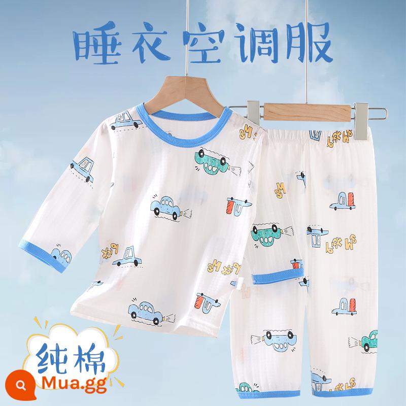 Bộ đồ ngủ trẻ em bé trai mùa hè cotton mỏng quần áo điều hòa bé trai và bé gái bộ quần áo mặc ở nhà xuân thu bé gái - xe nền trắng