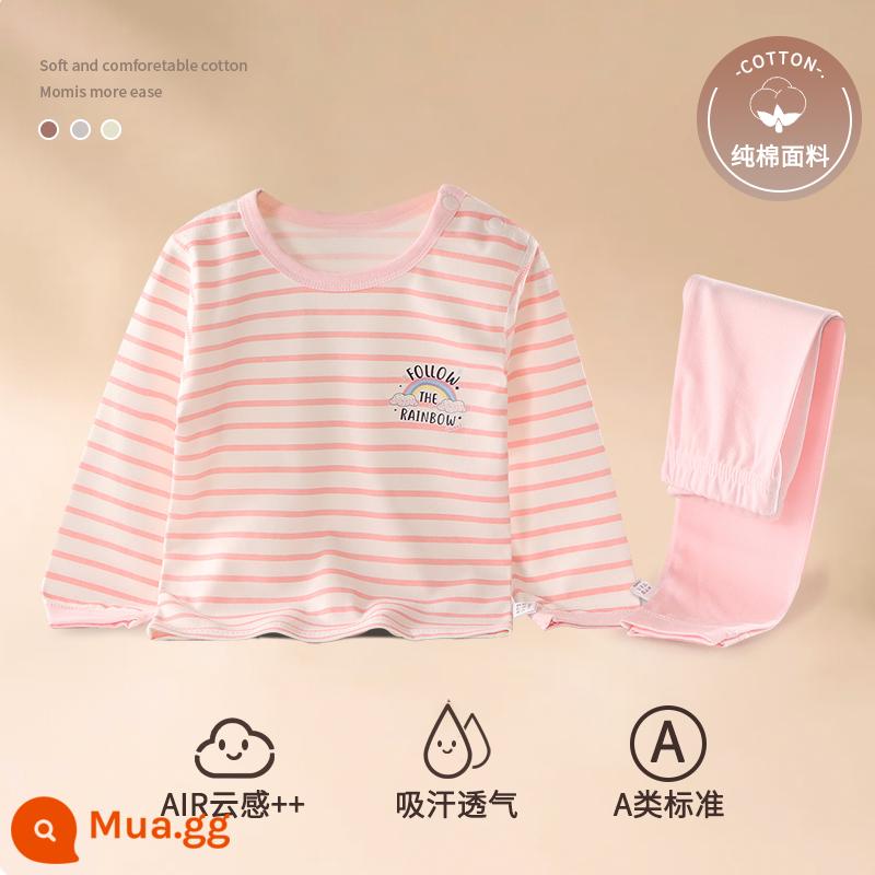 Bộ đồ ngủ trẻ em bé trai mùa hè cotton mỏng quần áo điều hòa bé trai và bé gái bộ quần áo mặc ở nhà xuân thu bé gái - cầu vồng sọc