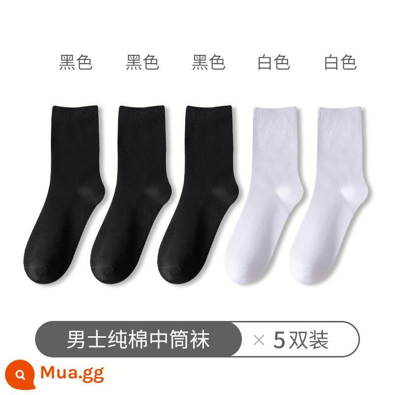 Tất Zhuji tất nam đến giữa bắp chân xuân thu cotton nguyên chất khử mùi và thấm hút mồ hôi tất cotton kinh doanh cotton đen dành cho nam giới - (3 đen + 2 trắng)