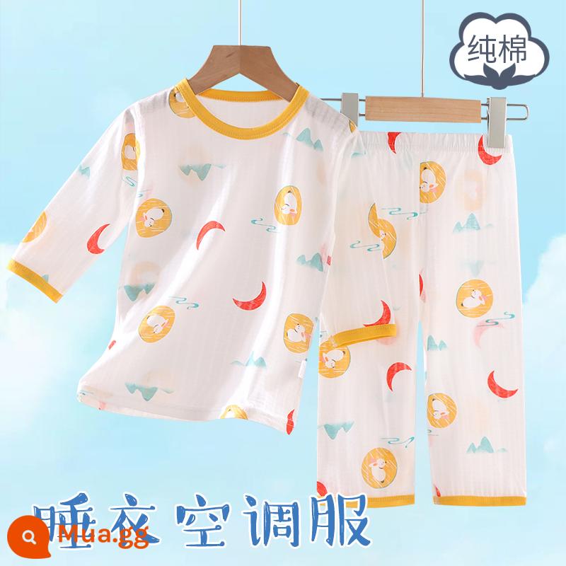 Bộ đồ ngủ trẻ em bé trai mùa hè cotton mỏng quần áo điều hòa bé trai và bé gái bộ quần áo mặc ở nhà xuân thu bé gái - thỏ trăng