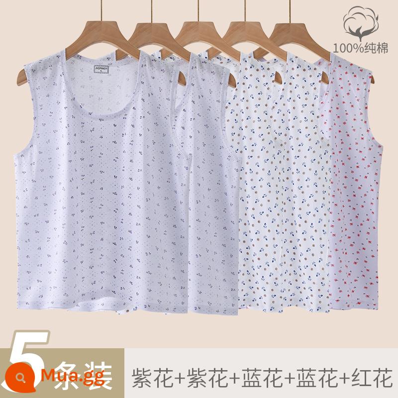 Áo vest nữ trung niên và cao tuổi cotton nguyên chất rời bà già bà nội bông mẹ đồ lót người già áo lót mùa hè phần mỏng - Hoa tím + hoa tím + hoa xanh + hoa xanh + hoa đỏ [năm mảnh 100% cotton]