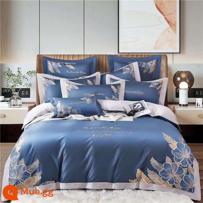 140-tính Dài-Chủ Lực Cotton Bộ 4 Bộ Cotton Nguyên Chất Nhẹ Sang Trọng Cao Cấp Giường Vỏ Chăn Cao Cấp bộ Chăn Ga Gối Thêu - Weiman-Sapphire Blue-140 Count Vải-Top sang trọng