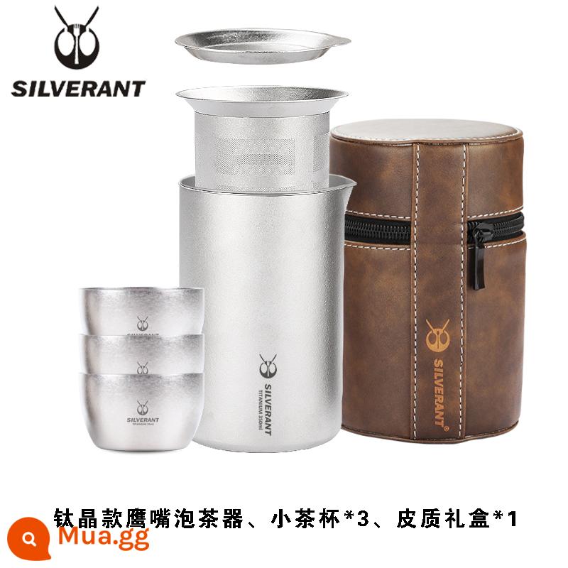 Silver Ant Titanium Nguyên Chất Máy Pha Trà Cắm Trại Ngoài Trời Di Động Du Lịch Hai Lớp Chống Bỏng Ấm Trà Chịu Nhiệt Độ Cao Bộ Trà Cốc Nhanh - Bình pha trà mỏ chim đại bàng 350ml Titanium Crystal + 3 tách trà nhỏ