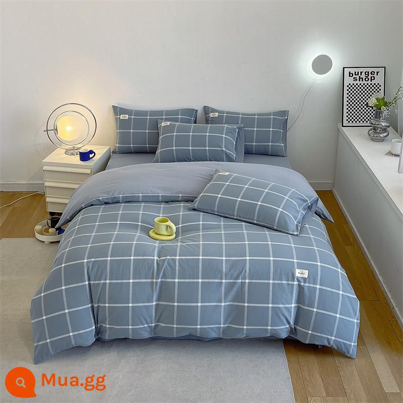 Vỏ chăn bông một mảnh được giặt sạch cotton nguyên chất dày đơn vỏ chăn 150x200 chải 4 món Bộ mùa đông chăn 3 4 - Kẻ ca rô lớn màu xanh lam [100% cotton Tân Cương, không vón cục, không phai màu]