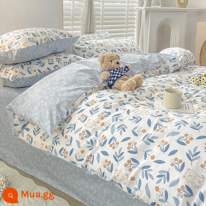 Cotton nguyên chất 4 mảnh 100 giường cotton 3 mảnh vỏ chăn ga trang bị ga trải giường ký túc xá sinh viên vỏ chăn mùa xuân 4 - Fruit Bear [cotton thân thiện với da, thích hợp để ngủ khỏa thân]