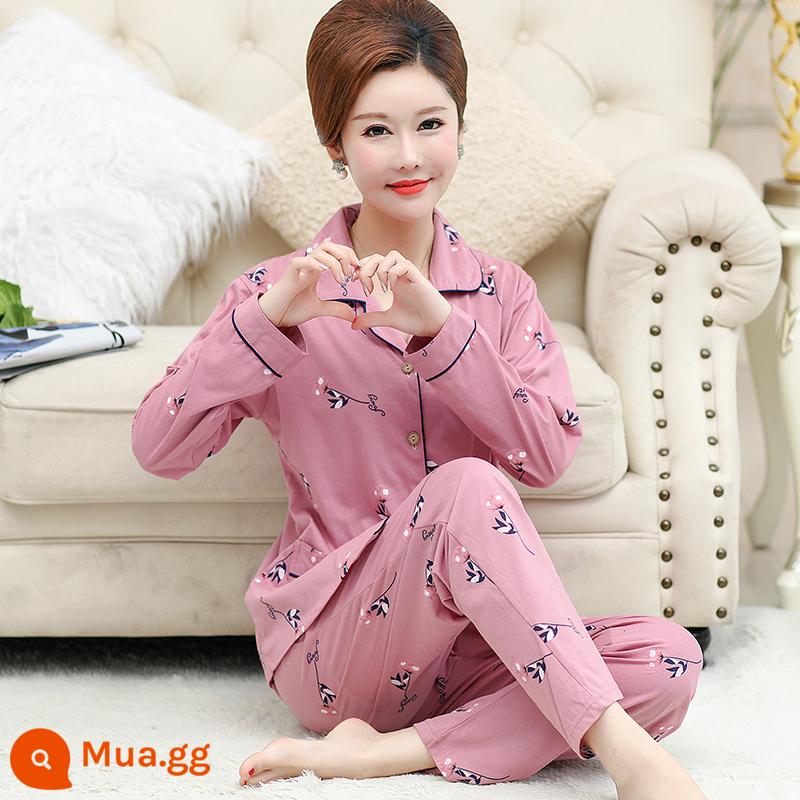 Bộ đồ ngủ cho nữ, bộ đồ dài tay cotton nguyên chất mùa xuân và mùa thu, cotton, bà mẹ trung niên và người già, cực lớn, mỏng, có thể mặc bên ngoài, quần áo ở nhà, mùa hè - M1929# dưa hấu bông nguyên chất màu đỏ