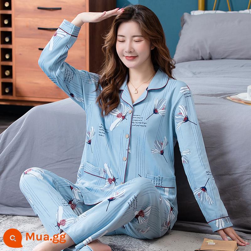 Bộ đồ ngủ cho nữ, bộ đồ dài tay cotton nguyên chất mùa xuân và mùa thu, cotton, bà mẹ trung niên và người già, cực lớn, mỏng, có thể mặc bên ngoài, quần áo ở nhà, mùa hè - Hồ xanh TF-2817# bông nguyên chất