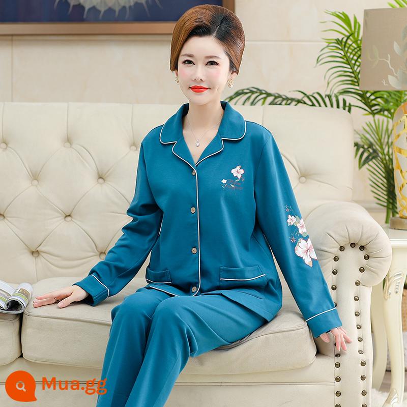 Bộ đồ ngủ cho nữ, bộ đồ dài tay cotton nguyên chất mùa xuân và mùa thu, cotton, bà mẹ trung niên và người già, cực lớn, mỏng, có thể mặc bên ngoài, quần áo ở nhà, mùa hè - TF-2803#cotton nguyên chất màu xanh hải quân