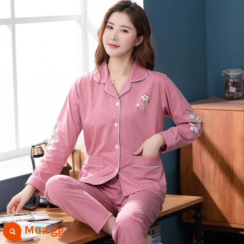 Bộ đồ ngủ cho nữ, bộ đồ dài tay cotton nguyên chất mùa xuân và mùa thu, cotton, bà mẹ trung niên và người già, cực lớn, mỏng, có thể mặc bên ngoài, quần áo ở nhà, mùa hè - Hồng TF-2807 #cotton nguyên chất