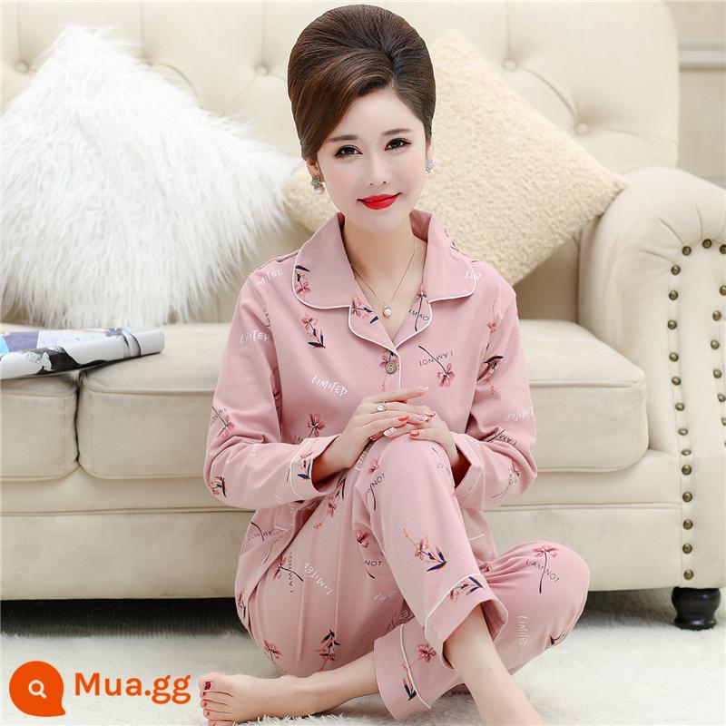 Bộ đồ ngủ cho nữ, bộ đồ dài tay cotton nguyên chất mùa xuân và mùa thu, cotton, bà mẹ trung niên và người già, cực lớn, mỏng, có thể mặc bên ngoài, quần áo ở nhà, mùa hè - M1937 hồng #cotton nguyên chất