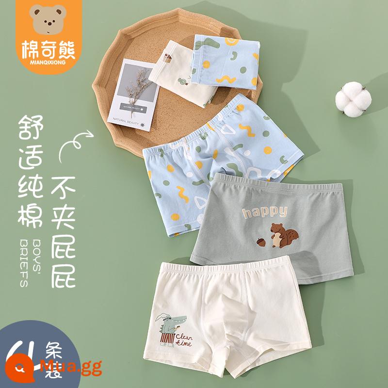 Quần lót bé trai boxer cotton nguyên chất nam bé bốn góc không kẹp mông quần đùi bé trai quần cotton trẻ em - Những chú sóc nhỏ dễ thương (bông dệt mật độ cao) 4 chiếc, mua hai chiếc được giảm giá 3 tệ