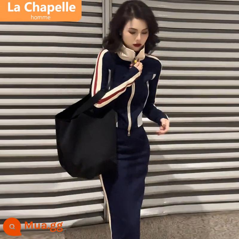 La Chapelle phong cách thể thao giản dị Hàn Quốc phù hợp với váy dành cho nữ mùa thu 2023 bộ váy hai dây giảm béo mới - [Lông cừu] Bộ đồ màu xanh hải quân