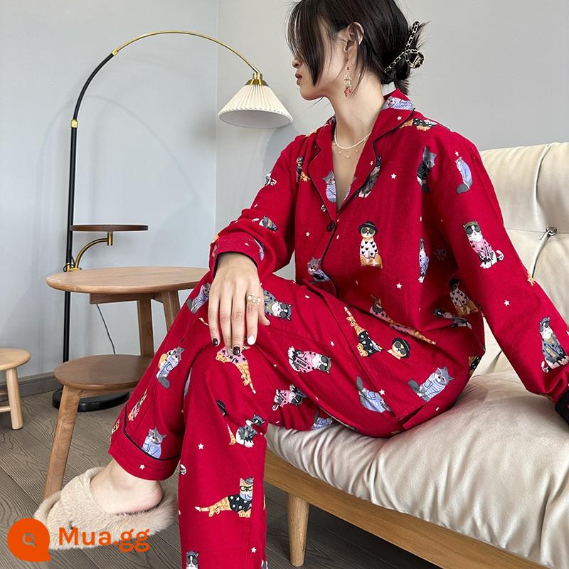 Trang web chính thức đang bán 468 RMB. Bộ đồ ngủ dài tay cotton mùa xuân đông hấp dẫn dành cho nữ, bộ đồ mặc nhà chải chuốt, loạt đồ ngày lễ - Mèo có mắt đỏ