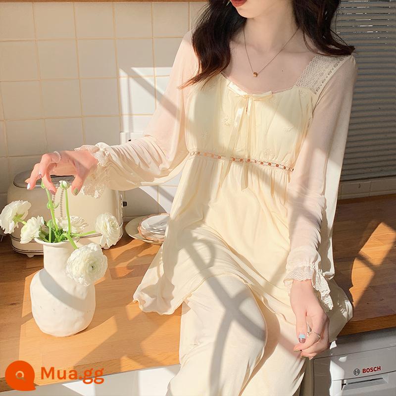 Xuân Thu Modal cotton dài tay quần ren ngọt ngào phong cách công chúa cổ tích thường ngày 2 bộ trang phục dành cho nữ - 513# Champagne [quần dài] có đệm ngực