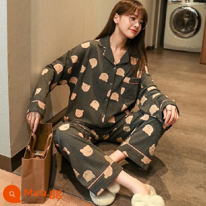 Bộ đồ ngủ mùa xuân và mùa thu của phụ nữ dài tay cotton nguyên chất lỏng lẻo kích thước lớn ngọt ngào sinh viên thời trang giản dị ở nhà quần áo hai mảnh dễ thương - 8705#