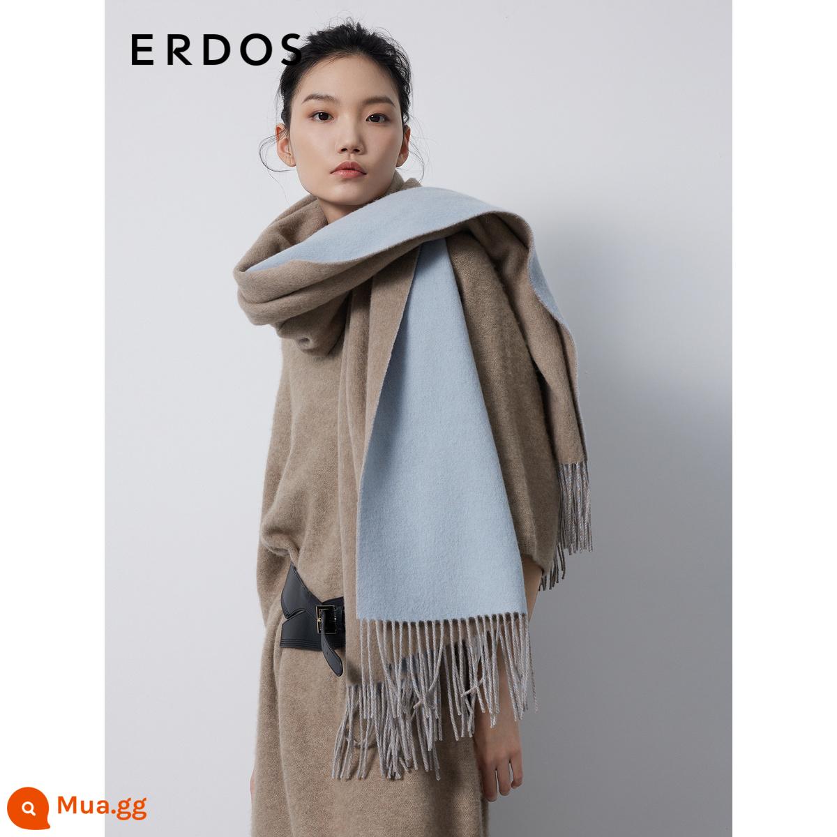 [Khăn choàng cashmere nguyên chất] ERDOS 23 mùa thu đông sản phẩm mới hai lớp nhung mịn màu tương phản khăn quàng cổ ấm áp - Buổi sáng sương xanh