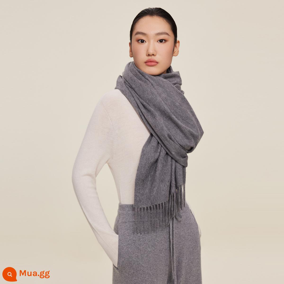 Khăn choàng cashmere tinh khiết Ordos 1980 ấm áp đa năng trong mùa thu đông trang trí tua rua - Tro cacbon-24