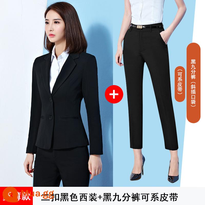 Blazer nữ chuyên nghiệp trang trọng phù hợp với sinh viên đại học xuân thu khí chất cao cấp màu đen nhỏ phù hợp với cuộc phỏng vấn quần áo đi làm - 02) Kiểu mỏng mùa hè) Bộ vest đen 1109 + quần chín điểm đen 1609 có thể mặc cùng thắt lưng