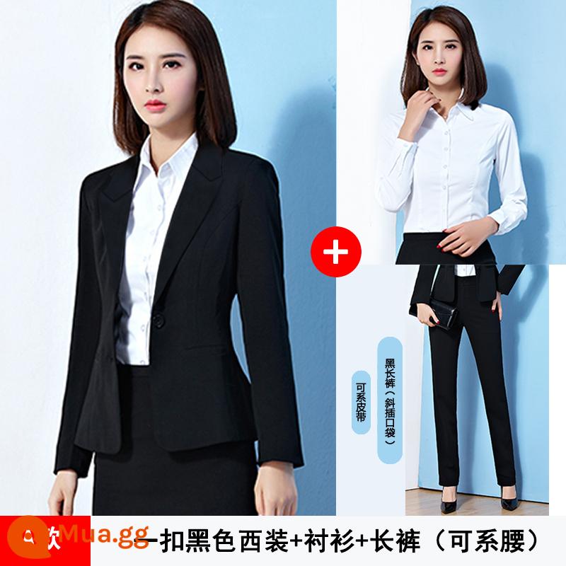 Blazer nữ chuyên nghiệp trang trọng phù hợp với sinh viên đại học xuân thu khí chất cao cấp màu đen nhỏ phù hợp với cuộc phỏng vấn quần áo đi làm - 25) Bộ vest đen + áo sơ mi + quần đen một nút (có thể buộc ở eo)