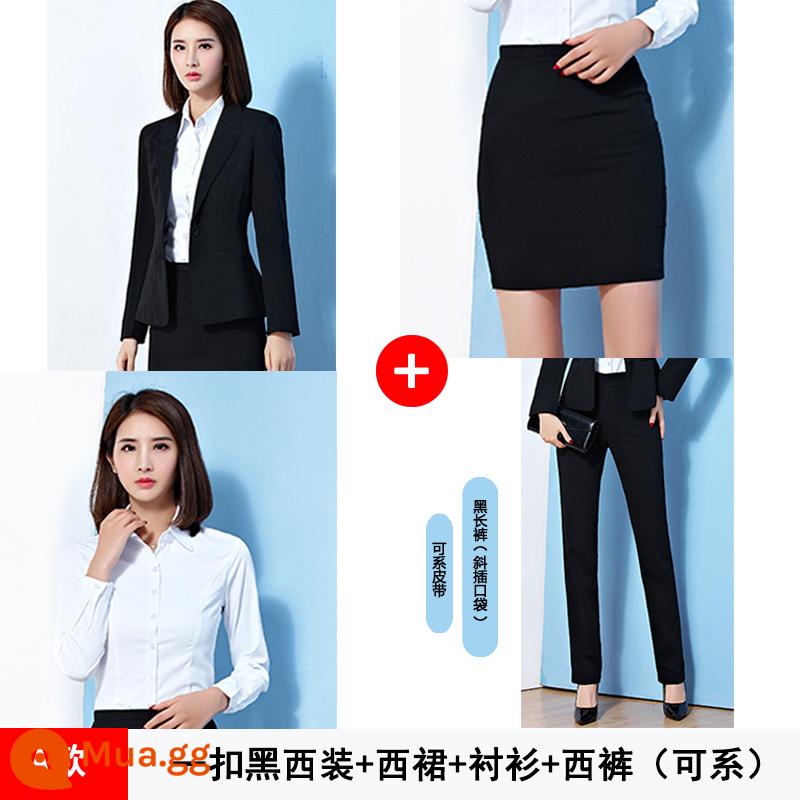 Blazer nữ chuyên nghiệp trang trọng phù hợp với sinh viên đại học xuân thu khí chất cao cấp màu đen nhỏ phù hợp với cuộc phỏng vấn quần áo đi làm - 37) Bộ vest đen một nút + váy + áo + quần (có thể buộc dây)