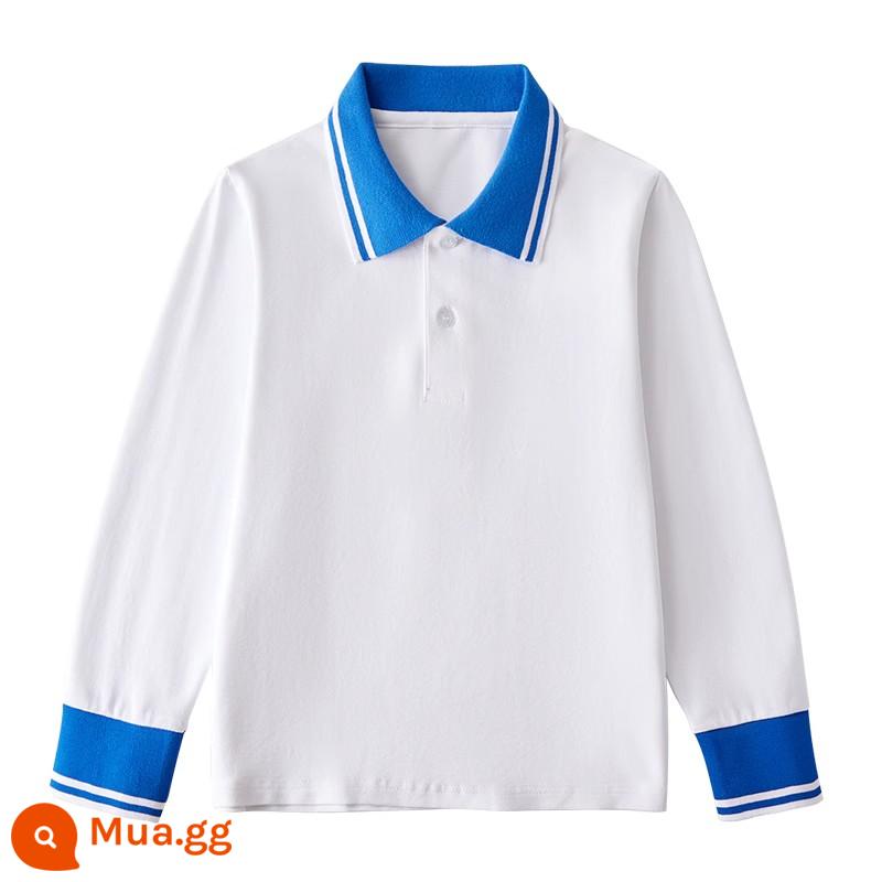 Áo sơ mi Polo trẻ em dài tay có cổ áo thun mùa xuân thu trung và lớn cho bé trai cotton nguyên chất màu trắng đáy áo sơ mi đồng phục học sinh tiểu học nữ - Áo sơ mi cổ polo hoa văn trắng xanh