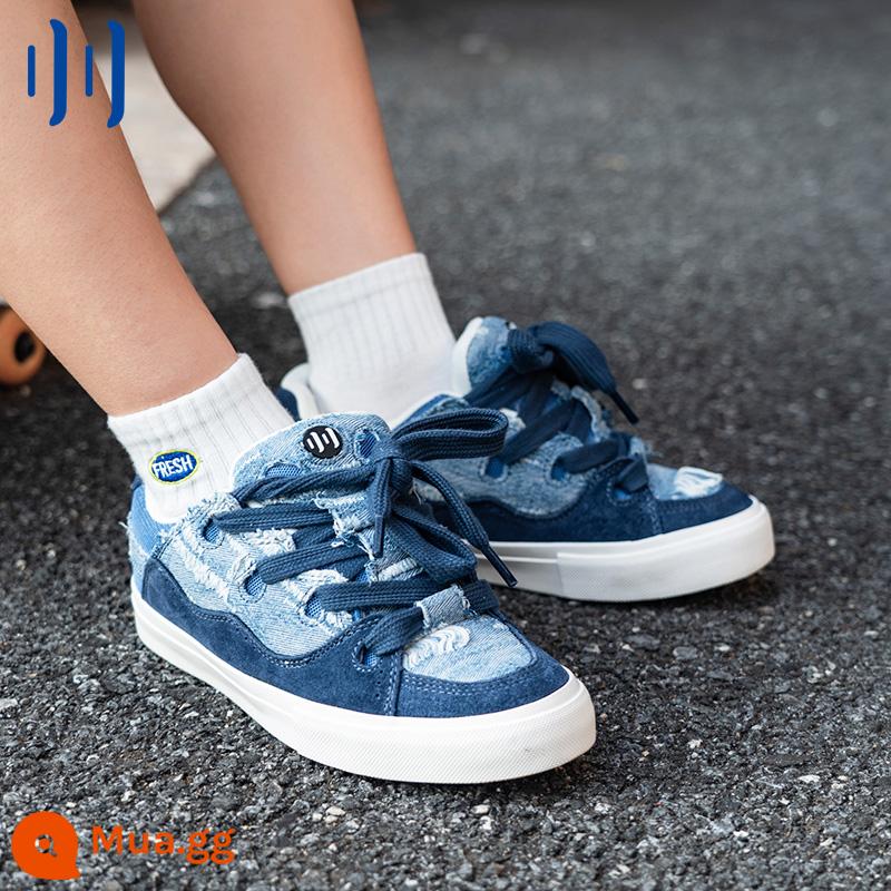 Cứng đầu ollieskate giày bánh mì da lộn rửa sạch denim khâu retro cũ BAKE giày trượt ván cho nam và nữ - BAKE18004/màu denim đã giặt