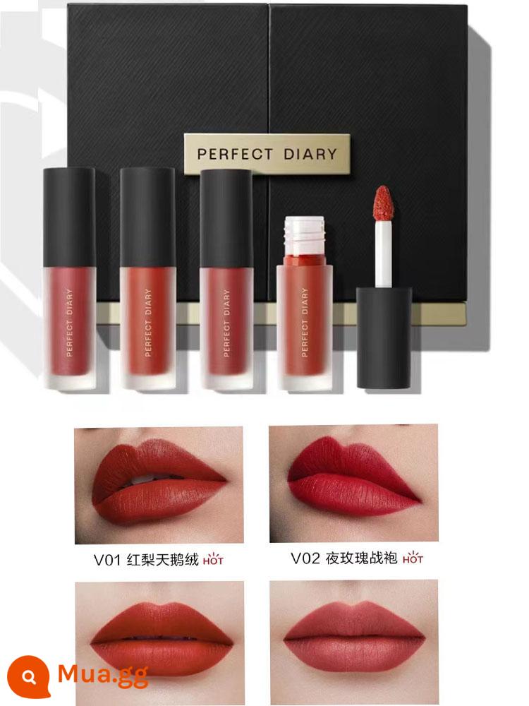 Perfect Diary Matte Lip Men 939 Bean Paste Color Lipstick 909 Niche Brand 704 Phong Cách Sinh Viên Nữ Chính Hãng Dưỡng Ẩm - Hộp quà tặng son bóng nhung 4 thỏi V01-V02-V07-V08 1.5g*4 thỏi