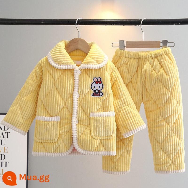 Bộ đồ ngủ mùa đông trẻ em flannel ba lớp dày phù hợp với bé trai và bé gái quần áo ấm áp cho trẻ em trung niên trở lên - Thỏ sọc vàng nhạt