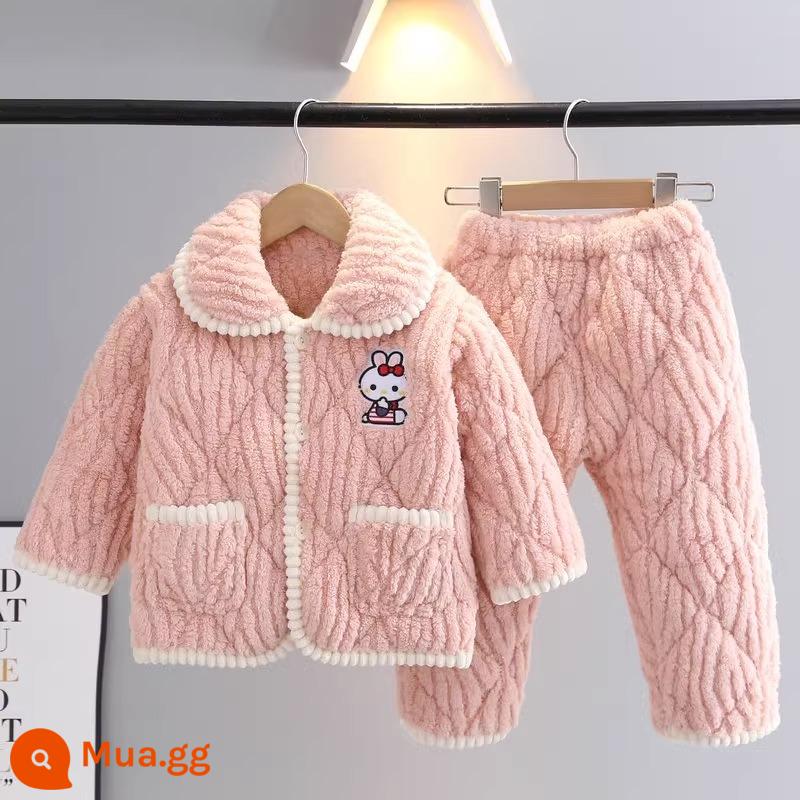 Bộ đồ ngủ mùa đông trẻ em flannel ba lớp dày phù hợp với bé trai và bé gái quần áo ấm áp cho trẻ em trung niên trở lên - thỏ hồng