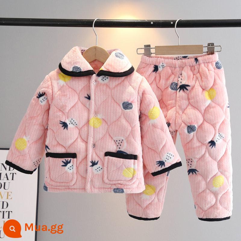 Bộ đồ ngủ mùa đông trẻ em flannel ba lớp dày phù hợp với bé trai và bé gái quần áo ấm áp cho trẻ em trung niên trở lên - dứa hồng