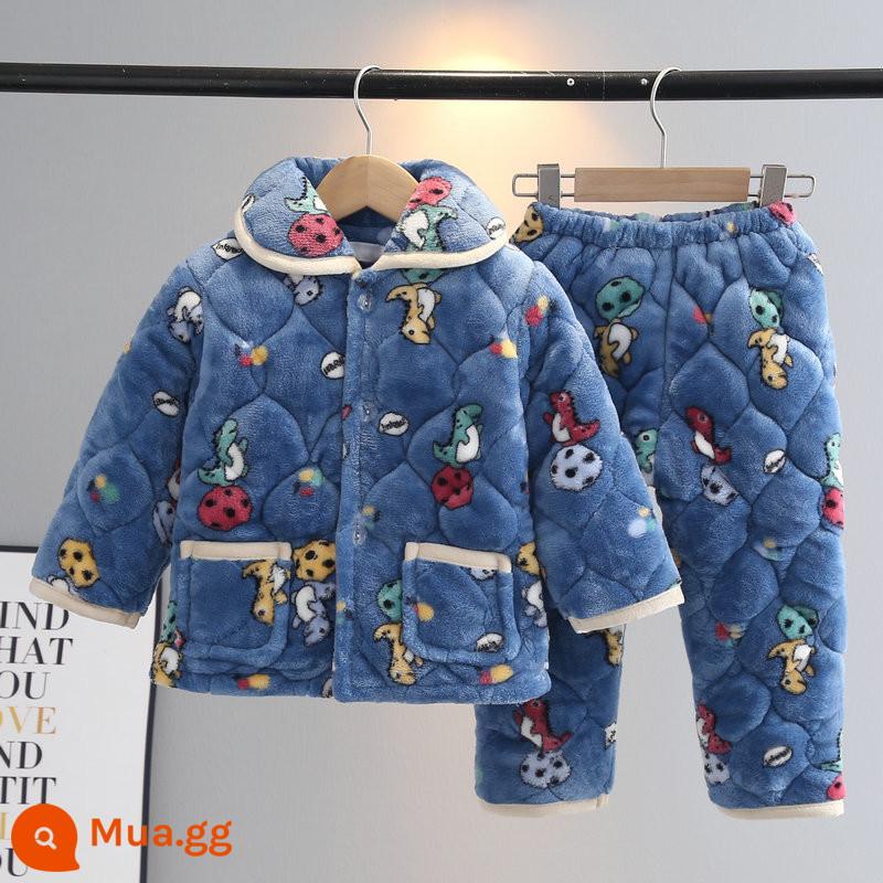 Bộ đồ ngủ mùa đông trẻ em flannel ba lớp dày phù hợp với bé trai và bé gái quần áo ấm áp cho trẻ em trung niên trở lên - Khủng long bóng xanh