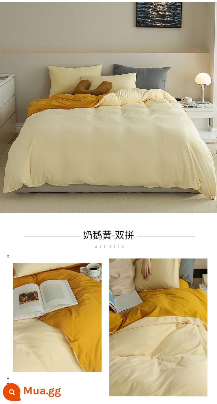 Bộ 4 mảnh cotton Tianzhu dệt kim loại A dành cho trẻ em cotton nguyên chất 100 cotton ga trải giường đơn giản được trang bị ga trải giường - Ngỗng sữa đôi kết hợp màu vàng