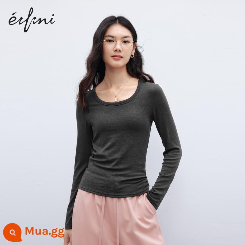 Áo thun cổ chữ V cao cấp Eveli slim fit Tencel len nữ 2023 phong cách lười mùa thu dành cho nữ - Kiểu cổ tròn màu xám đậm