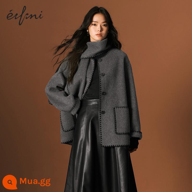 Eveli Có Thể Tháo Rời Khăn Áo Khoác Nhỏ Hương Thơm Phong Cách Ngắn Lông Thỏ Cashmere 2 Mặt Áo Khoác Len Áo Khoác Nữ Mùa Đông 2023 - Tro