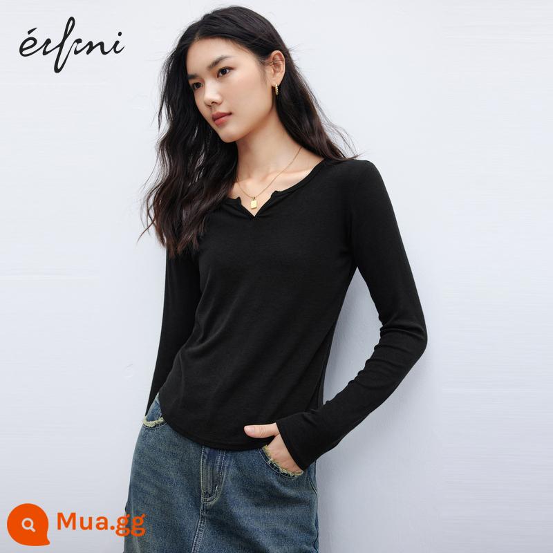 Áo thun cổ chữ V cao cấp Eveli slim fit Tencel len nữ 2023 phong cách lười mùa thu dành cho nữ - Kiểu cổ chữ V nhỏ màu đen