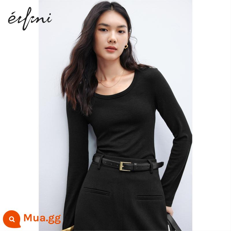 Áo thun cổ chữ V cao cấp Eveli slim fit Tencel len nữ 2023 phong cách lười mùa thu dành cho nữ - Cổ tròn màu đen