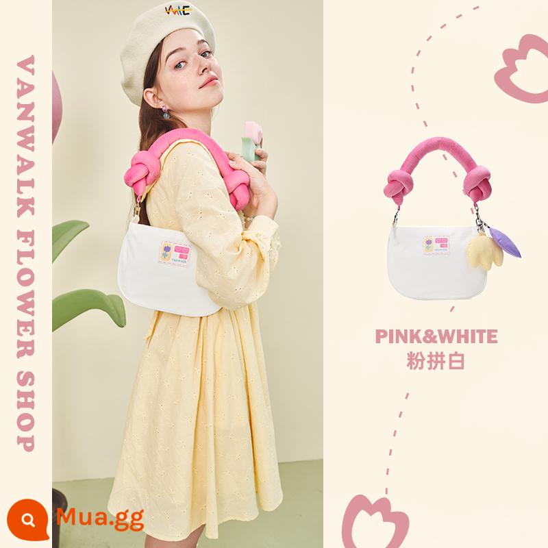 VANWALK Tulip Tự Chế Butterscotch Phối Màu Túi Đeo Vai Nữ Dễ Thương Béo Tay Cầm Sát Nách Túi Xách - bột đào trắng