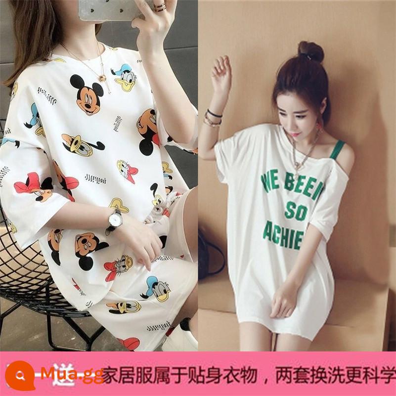 Mùa hè 2021 mới cotton áo thun ngắn tay nữ + quần short giản dị bộ đồ thể thao học sinh lưới đỏ bạn gái 2 bộ - X Mickey trắng + váy trễ vai