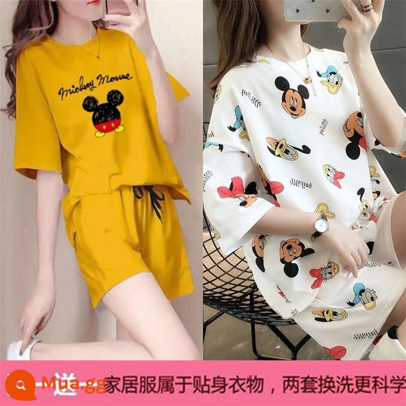 Mùa hè 2021 mới cotton áo thun ngắn tay nữ + quần short giản dị bộ đồ thể thao học sinh lưới đỏ bạn gái 2 bộ - XYellow Mike+Mickey Trắng