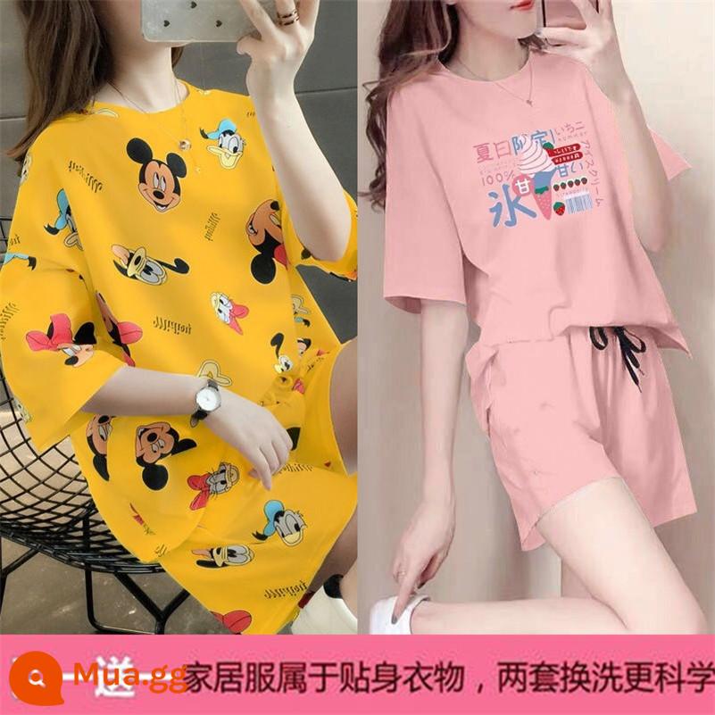 Mùa hè 2021 mới cotton áo thun ngắn tay nữ + quần short giản dị bộ đồ thể thao học sinh lưới đỏ bạn gái 2 bộ - XYellow Mickey+ Nón Hồng