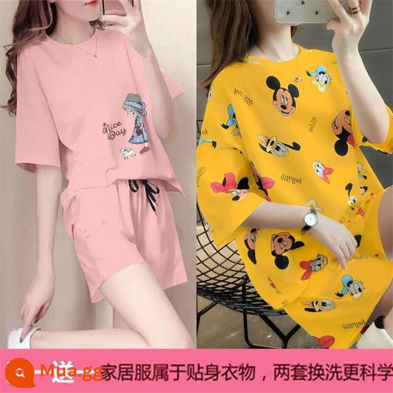 Mùa hè 2021 mới cotton áo thun ngắn tay nữ + quần short giản dị bộ đồ thể thao học sinh lưới đỏ bạn gái 2 bộ - X Công chúa hồng + Mickey vàng