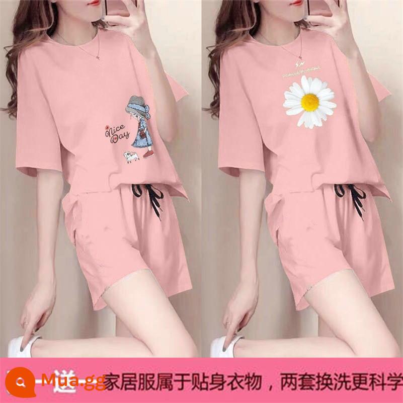 Mùa hè 2021 mới cotton áo thun ngắn tay nữ + quần short giản dị bộ đồ thể thao học sinh lưới đỏ bạn gái 2 bộ - X Công chúa hồng + Cúc hồng